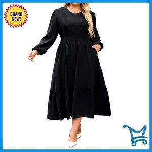 Plus Size Maxi Dress Long Sleeve V Neck Pleated Flowy Tiered Elegant